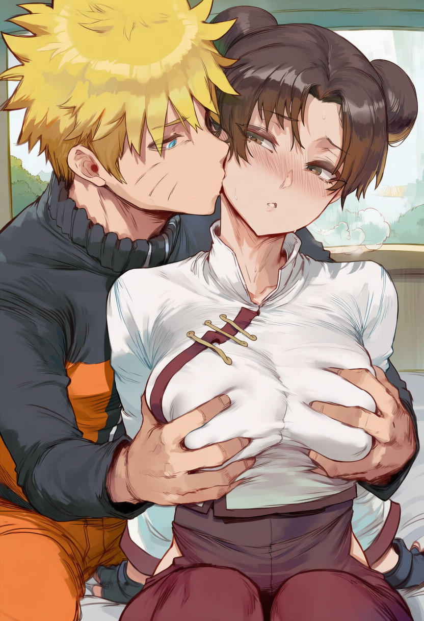 1boy, 1girls, ai generated, before sex, big ass, breast grab, brown hair, couple, cuddling, curvaceous, double bun, duo focus, female, grabbing from behind, groping, groping breasts, hi res, kunoichi, long hair, medium breasts, naruto, naruto (series), naruto shippuden, ninja, petite, sitting, sitting on bed, swirlinghawk, teenager, tenten, uzumaki naruto