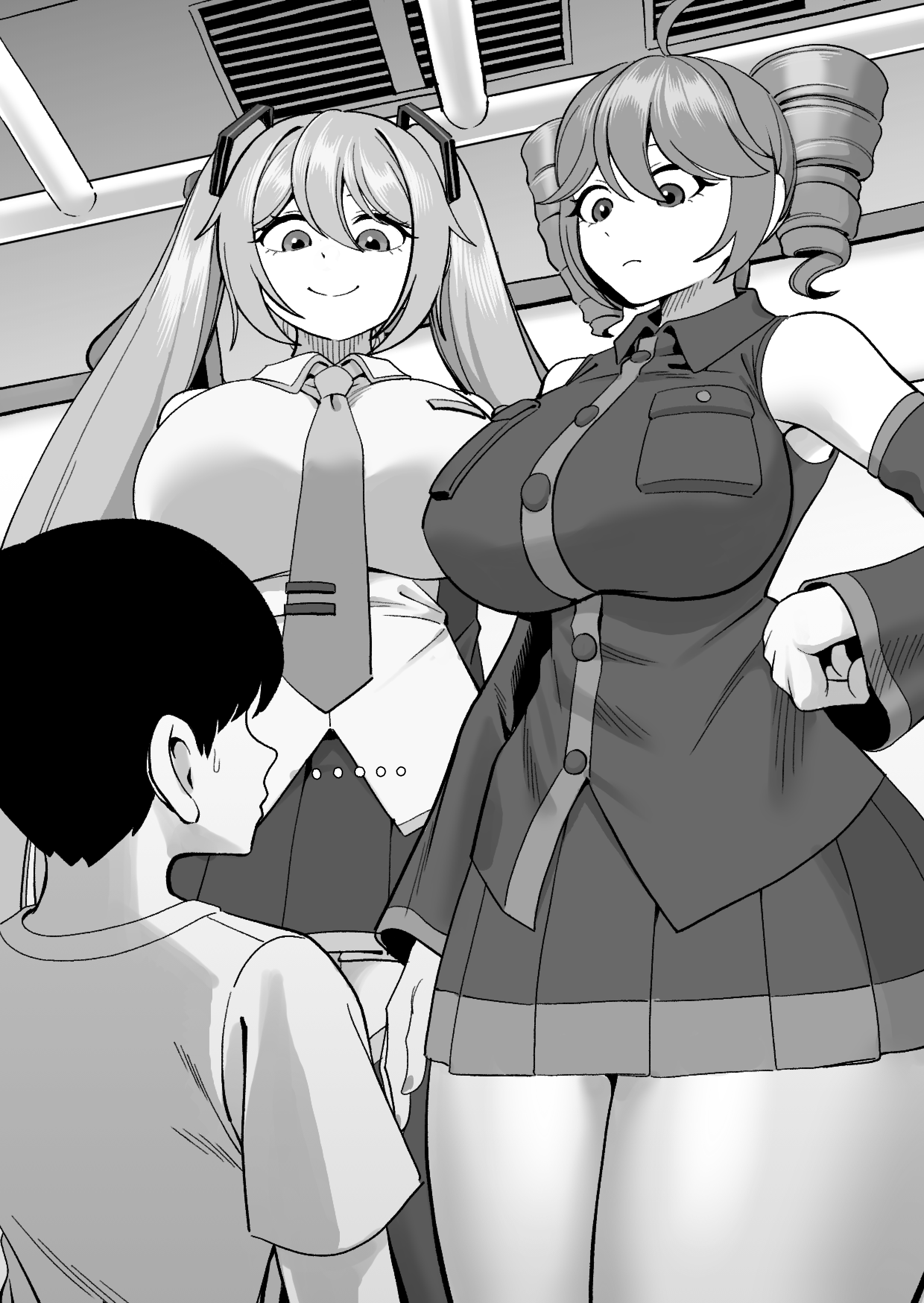 1boy, 2girls, big breasts, breasts, hatsune miku, kasane teto, looking down, monochrome, tekkin papa, train, utau, vocaloid