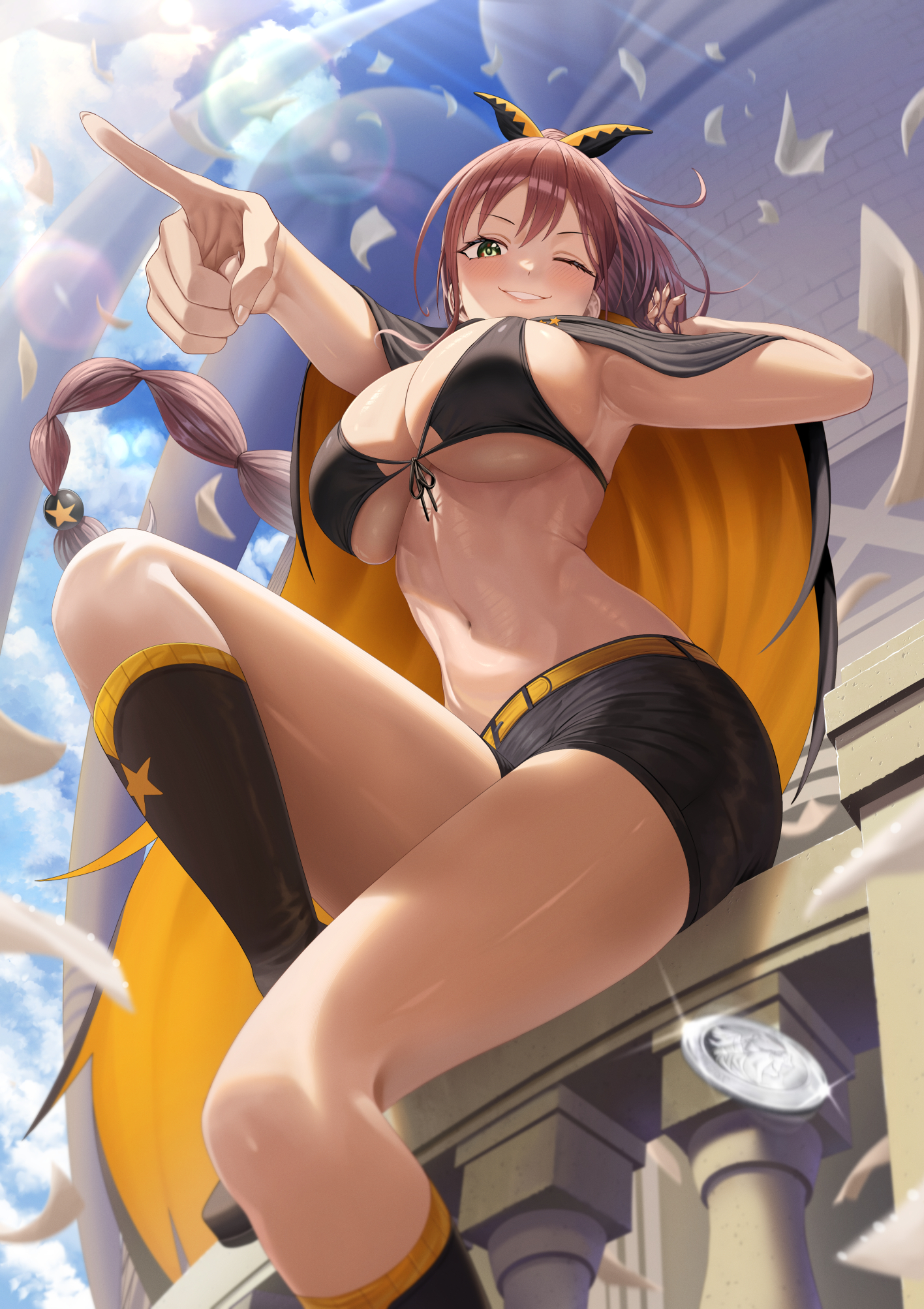 1girls, amazing body, amazing quality, armpits, big breasts, black bra, black coat, black shoes, bottom view, breasts, brown hair, coat, female, female only, green eyes, hair ornament, hi res, laying, long hair, orange coat, re:zero kara hajimeru isekai seikatsu, shaula (re:zero), short shorts, shorts, silvertsuki, slender, slender body, slender build, slender legs, slender waist, smiling at viewer, stroking hair, thick thighs, thighs, tied hair