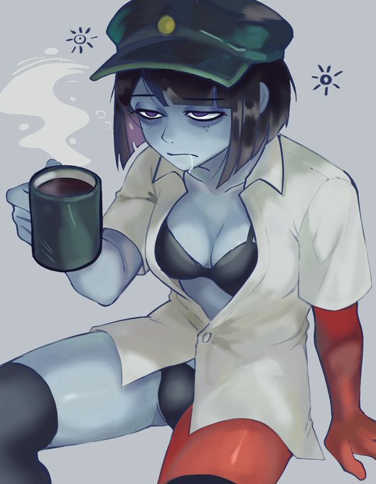 1girls, black hair, bra, cleavage, coffee, coffee mug, drooling, ena, ena (dream bbq), ena (series), exhausted, eyebags, female, female focus, female only, half-dressed, hat, human ena (dream bbq), panties, purple eyes, sfw, tagme, thighhighs, tired, unbuttoned shirt, underwear