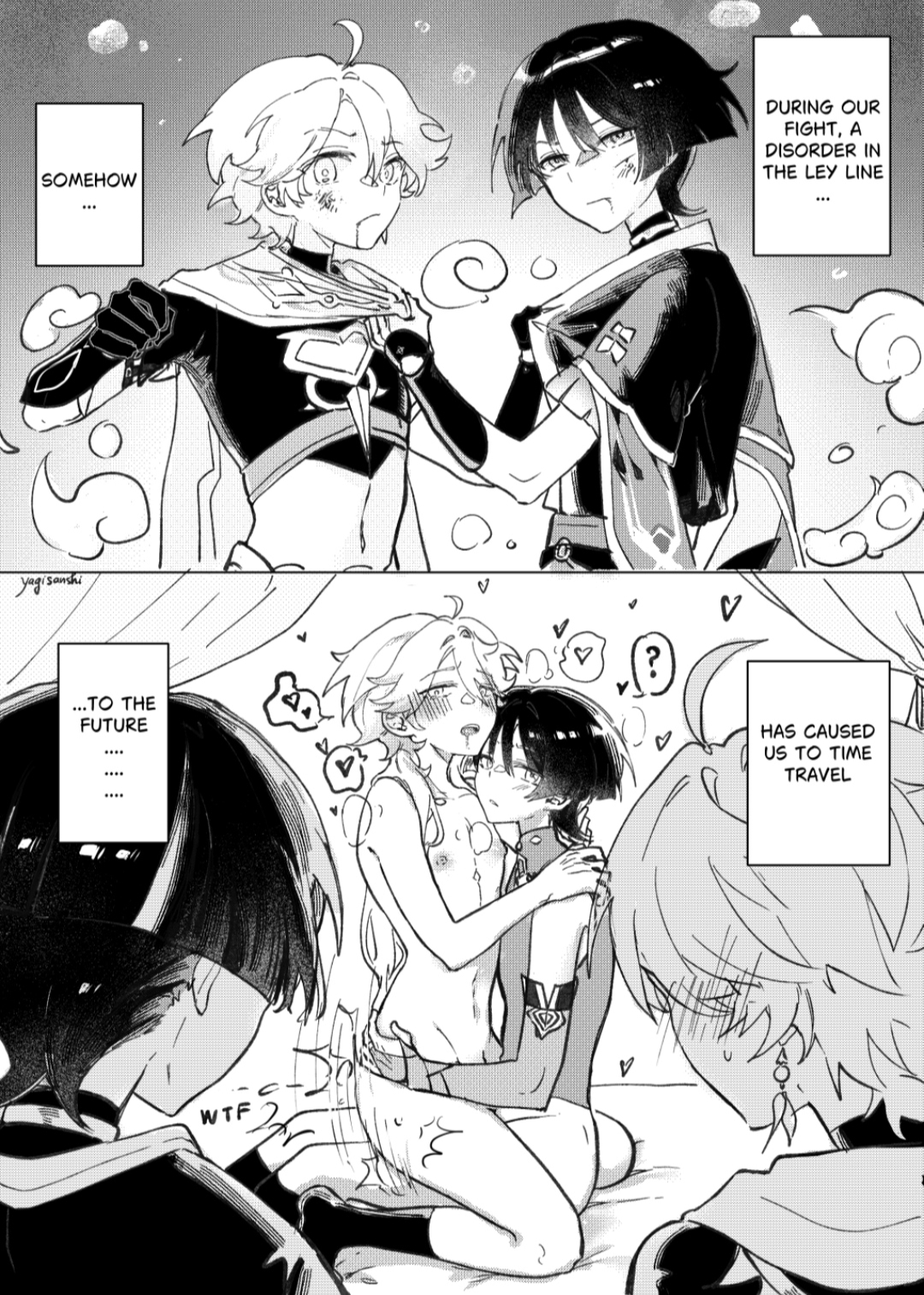 2boys, aether (genshin impact), blush, blush lines, clothed, clothed sex, gay, gay domination, gay sex, genshin impact, looking at another, male penetrating, male penetrating male, male/male, meme reference, riding, riding cock, riding penis, scaramouche (genshin impact), submissive male, teasing, wanderer (genshin impact), yagisanshi