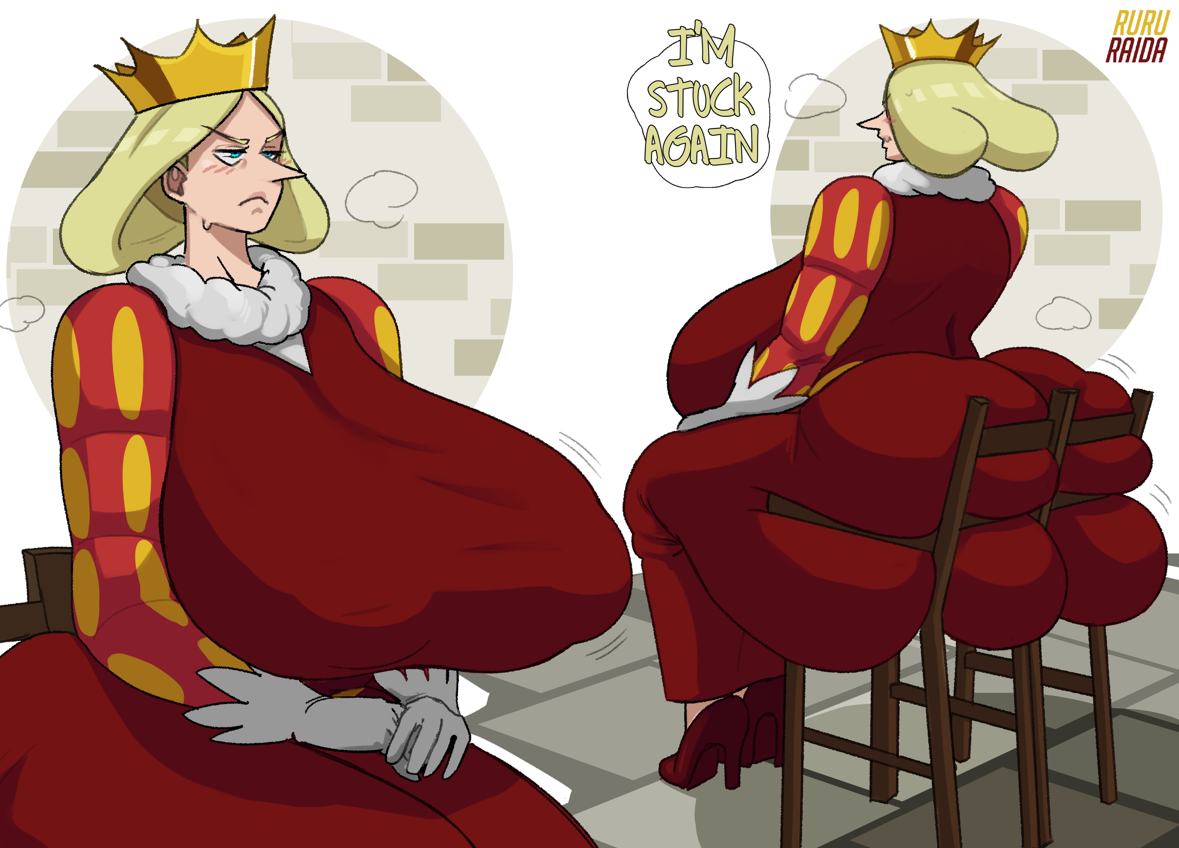 blonde, blonde female, blonde hair, blonde hair female, blonde-haired female, female, girl, ousama ranking, queen hilling, ruru-raida, sole female, stuck in chair, tagme, yellow hair, yellow hair female