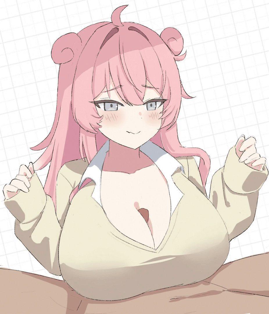 1boy, 1girls, animated, big breasts, blush, blush lines, blushing, boobjob, breasts, clothed female, clothed paizuri, female, gif, grid background, gyaru slowpoke (shin no tenpii), nintendo, nude male, paizuri, penis, personification, pink hair, pokemon, slowpoke, titjob
