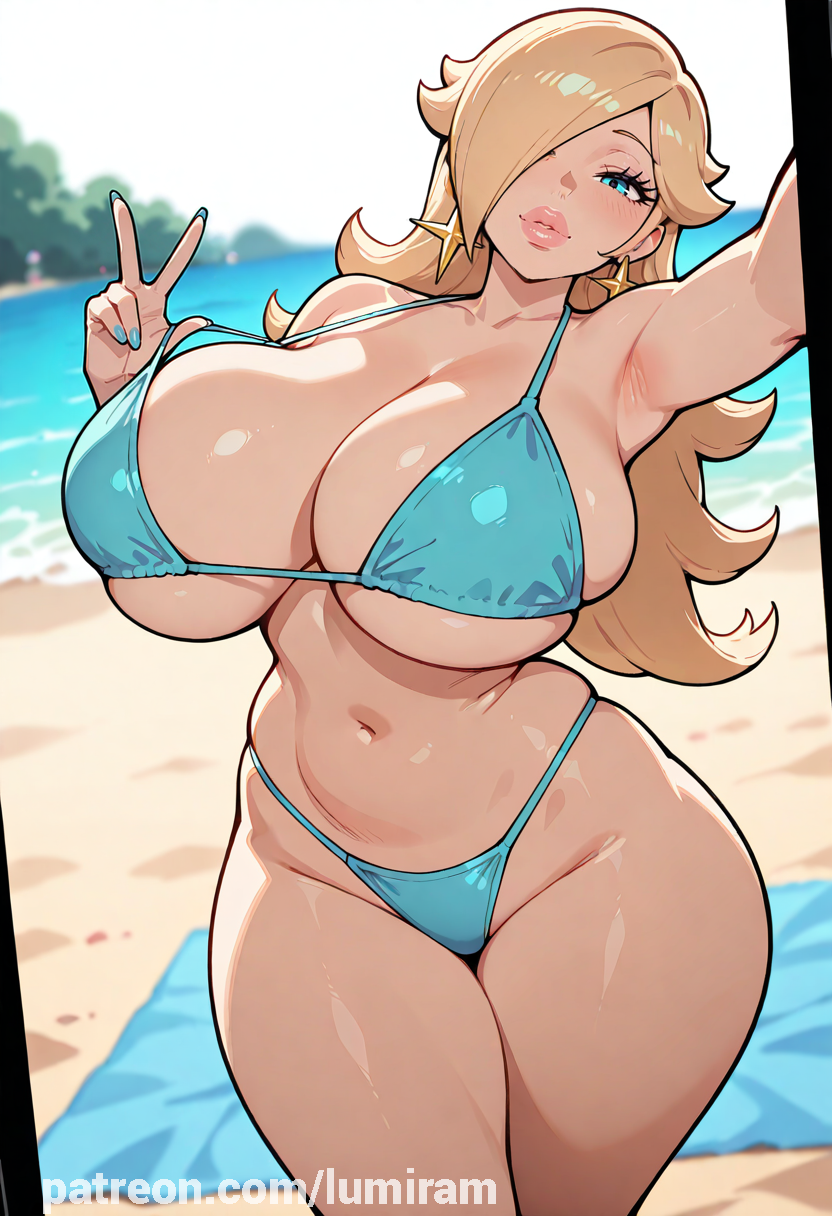 1girls, ai generated, beach, big ass, big breasts, blue eyes, female, female only, hi res, highres, hips, huge ass, huge breasts, large ass, large breasts, long hair, lumiram, mario (series), milf, princess rosalina, seductive, seductive look, seductive smile, super mario bros., thick thighs, wide hips