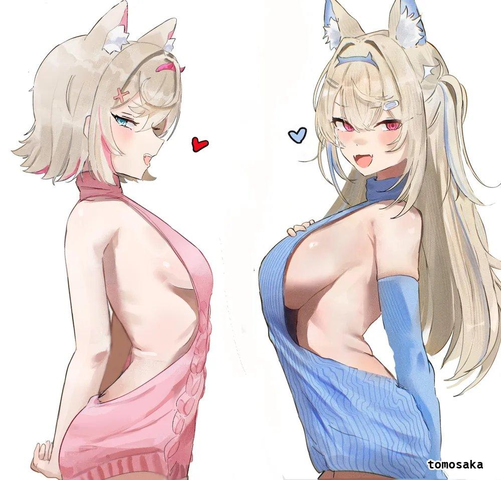 2d, 2d (artwork), 2d artwork, 2girls, animal ear fluff, animal ears, animal tail, arm behind back, arms behind back, average breasts, big boobs, big breasts, blonde, blonde female, blonde hair, blonde hair female, blonde-haired female, blue eyes, blue hair, blue-eyed female, blue-haired female, blush face, blushing, blushing at viewer, blushing female, breasts, busty, busty female, busty girl, cat ears, cat tail, digital, digital art, digital drawing, digital drawing (artwork), digital media, digital media (artwork), drawing, duo, eyebrows visible through hair, female, female focus, female only, fingers, flushed, flushed face, fuwawa abyssgard, hair between eyes, hair ornament, hair ornaments, hand behind back, hand on breast, hand on chest, hand on own breast, hand on own chest, hands behind back, hearts, high resolution, highres, hololive, hololive english, inframammary fold, large boobs, large breasts, lean figure, long hair, looking at viewer, looking sideways, looking to the side, medium breasts, mococo abyssgard, multicolored hair, multiple females, multiple girls, narrow waist, open mouth, open mouth smile, parted lips, pink hair, pink hair female, pink sweater, pink topwear, pink-haired female, posing, posing for the viewer, red eyes, red-eyed female, short hair, shoulders, sideboob, sidelocks, simple background, slender body, slender waist, slim female, slim waist, smile, smiley face, smiling, smiling at viewer, standing, sweater, tomosaka, tongue, topwear, touching breast, touching chest, upper body, upper teeth, virgin killer sweater, virtual youtuber, vtuber, vtuberfanart, white background, youtuber, youtuber girl