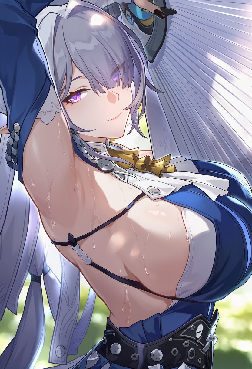 1girls, armpits, arms behind head, arms up, ascot, big breasts, blue dress, breasts, female, female only, from side, hi res, huge breasts, mihoyo, purple eyes, smile, upper body, velina airgid, white hair, zenless zone zero