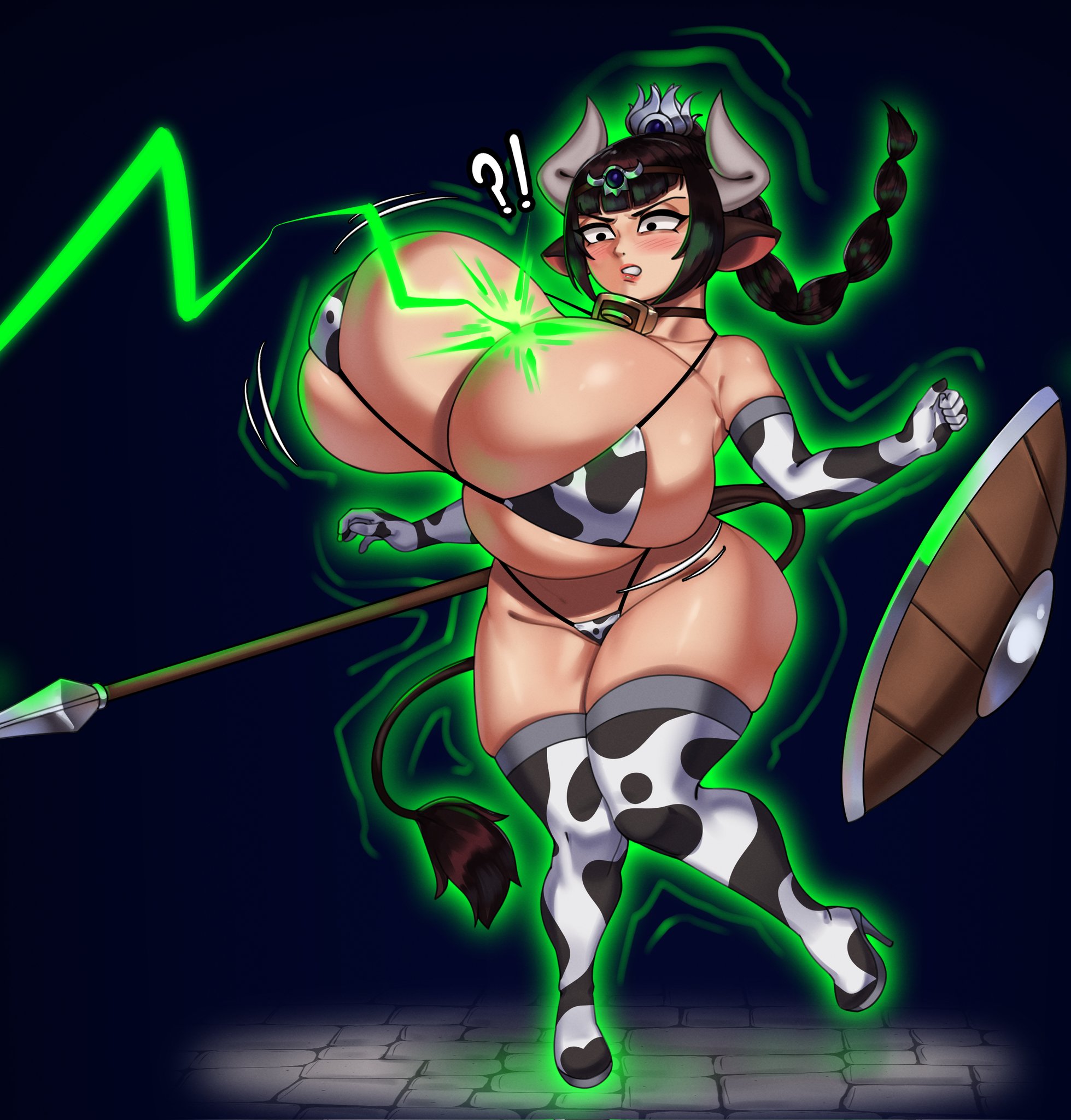 baldur's gate, baldur's gate 3, big breasts, black hair, breast expansion, confused, cow accoutrements, cow bell, cow print, female, female only, half elf, huge breasts, shadowheart, shortstack, shortstackification, solo, strongmoist, tagme, transformation