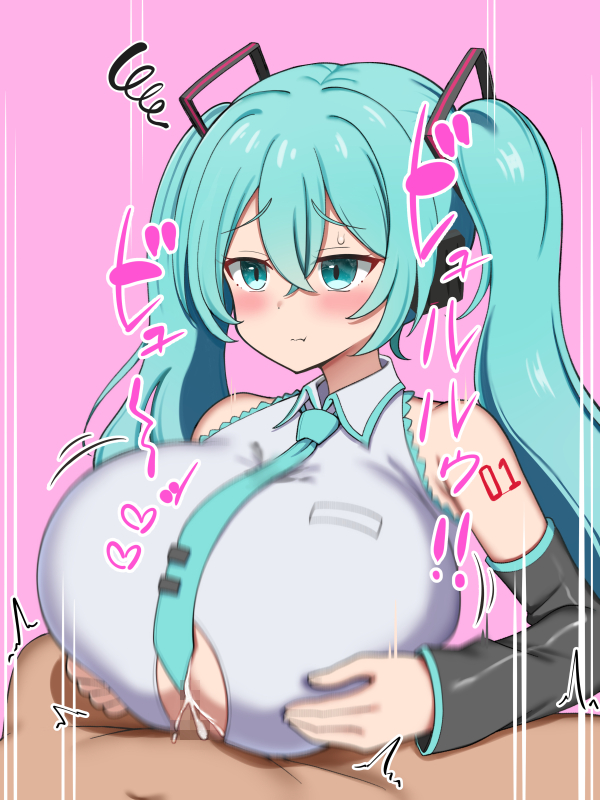 1boy, 1girls, blue eyes, blue hair, blush, breasts, clothed, clothed paizuri, cum, ejaculation, female, hatsune miku, huge breasts, paizuri, titjob, twintails, vocaloid, zuririan