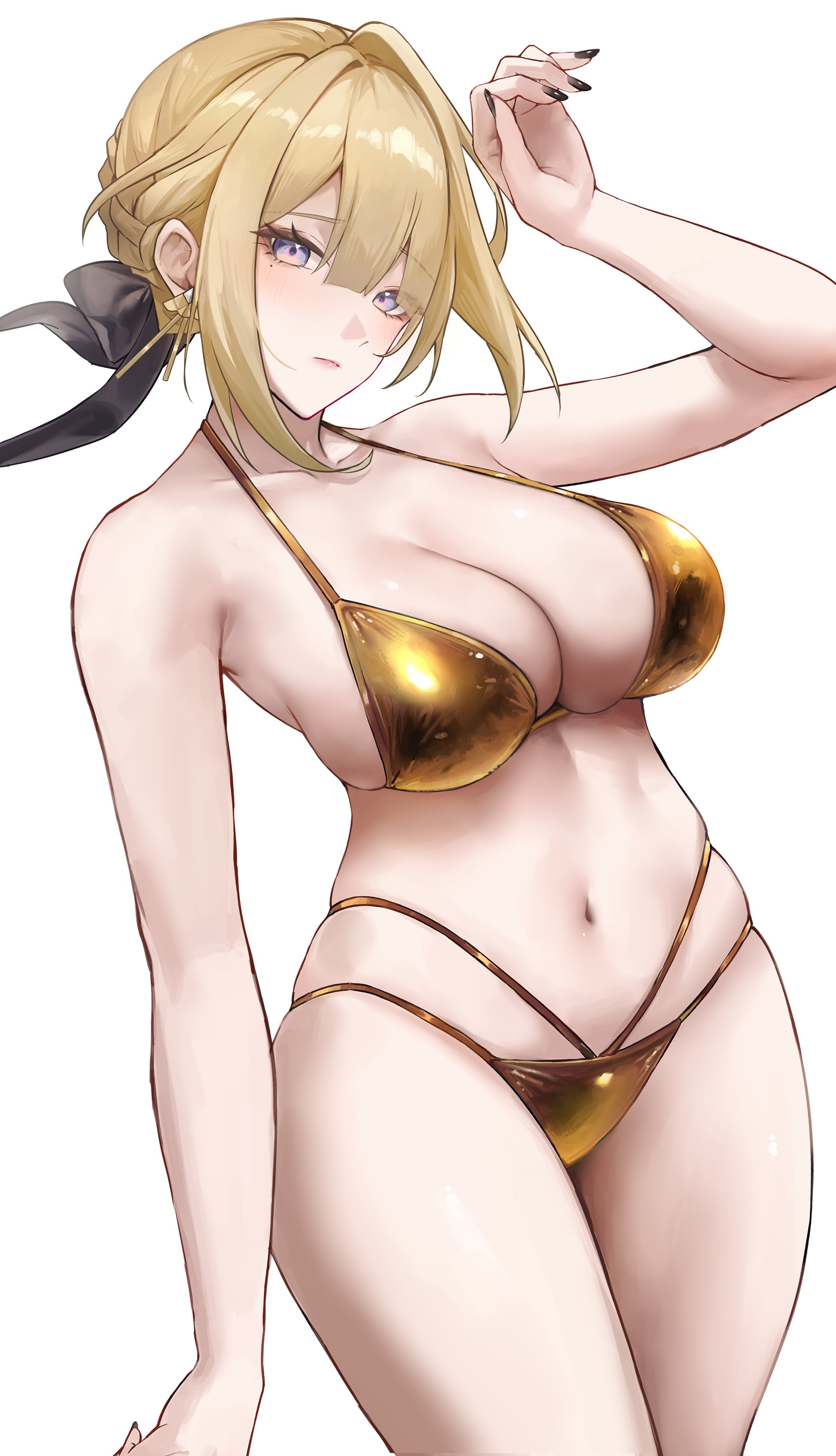 1girl, absurdres, alternate costume, bare shoulders, bikini, black nails, blonde hair, breasts, cleavage, closed mouth, collarbone, colored nails, commentary request, cowboy shot, earrings, evelyn chevalier, female, female only, fingernails, gold bikini, hal aluha, hand up, highres, jewelry, large breasts, long nails, looking at viewer, mole, mole under eye, multi-strapped bikini bottom, nail polish, navel, painted nails, purple eyes, short hair, sidelocks, simple background, solo, stomach, swimsuit, thighs, white background, zenless zone zero