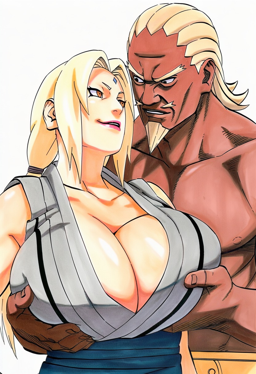 1boy, 1girls, 2d, accurate art style, accurate body type, ai generated, big breasts, blonde female, blonde hair, breast grab, breast lift, breasts, brown eyes, busty, busty female, cel shading, cleavage, clothed, clothing, collarbone, dark skin, dark-skinned male, duo, duo focus, eye contact, facial hair, female, forehead jewel, forehead mark, from behind, goatee, grabbing, grabbing another's breast, grabbing from behind, grey kimono, hetero, high resolution, highres, huge breasts, interracial, japanese clothes, kimono, large breasts, light skin, line art, lipstick, long hair, looking at another, looking at partner, low twintails, makeup, male, manga style, manly, masashi kishimoto style, mature female, muscular, muscular male, mustache, naruto, naruto (series), naruto shippuden, no bra, obi, official style, orange eyes, parted lips, pectorals, pink lips, pink lipstick, raikage, sash, shiny hair, shiny skin, shirtless, short eyebrows, simple background, sleeveless, sleeveless kimono, sleeveless shirt, standing, straight, tsunade, twintails, upper body, v-shaped eyebrows, waifu, white background