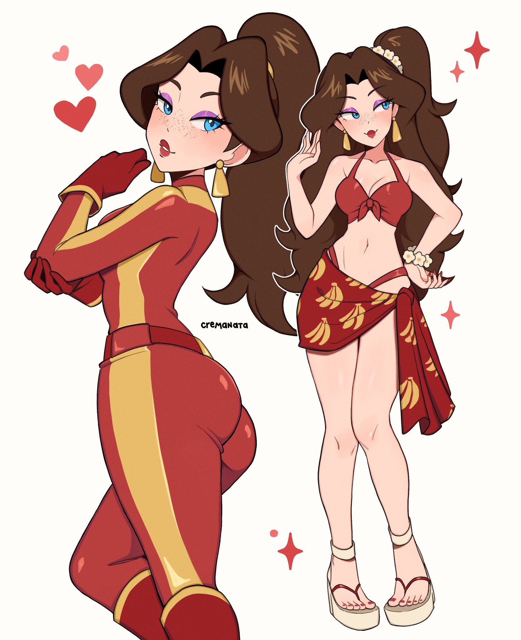 banana print, biker clothes, bikini, breasts, brown hair, butt, cleavage, clothing, cremanata, female, female only, freckles, legs together, long hair, mario (series), mario kart, mario kart world, nail polish, nintendo, pale skin, pauline, pauline (mario), sandals, sarong, sexy, smile, toenail polish, tummy, wedge heels