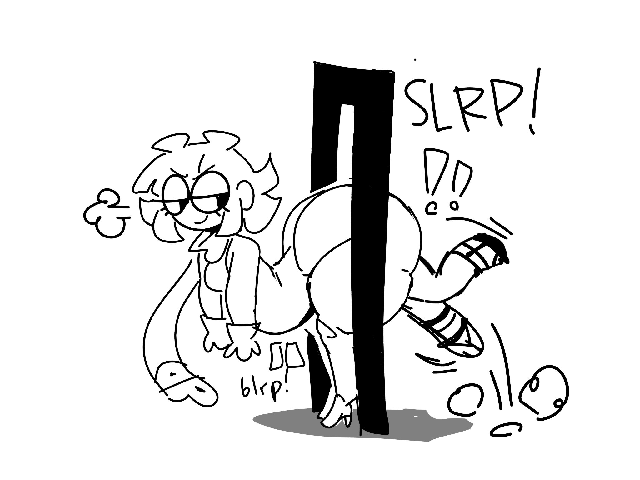 2girls, accidental vore, anal vore, bottomless, bottomless female, bully, curvy figure, glasses, huge ass, massive thighs, opis, original character, plump, struggling, struggling prey, stuck, stuck in door, vore, wide hips