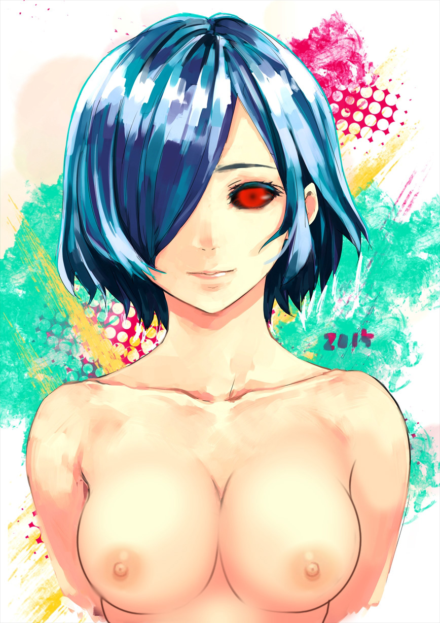 1girls, 2014, areolae, black sclera, blue hair, breasts, edit, eyelashes, female, female only, hair over one eye, kirishima touka, looking at viewer, nipples, red eyes, short hair, sketch, smile, source request, text, tokyo ghoul, topless