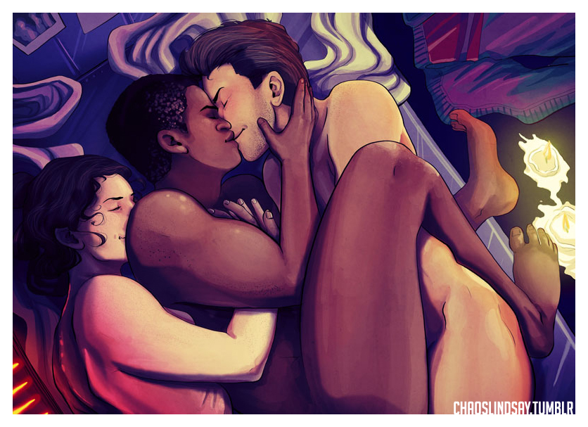 1girls 2015 2boys barefoot bed bisexual bisexual_male bisexual_sandwich black_hair brown_hair candle candles chaoslinday closed_eyes dark-skinned_male digital_media_(artwork) female finn_(star_wars) hand_on_cheek happy hugging human human_focus human_only interracial male/male/female mmf mmf_threesome nude ot3 poe_dameron polyamory rey romantic_couple smile star_wars the_force_awakens threesome throuple tumblr wholesome