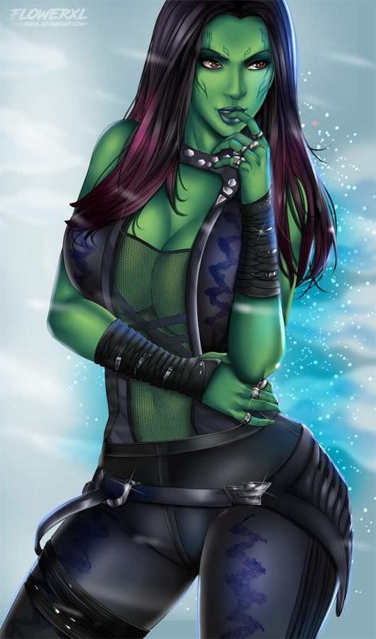 2d, alien, alien girl, alien look like human, biting finger, cleavage, clothed, female, female only, flowerxl, gamora, green skin, green-skinned female, guardians of the galaxy, marvel, marvel comics, pinup, tagme