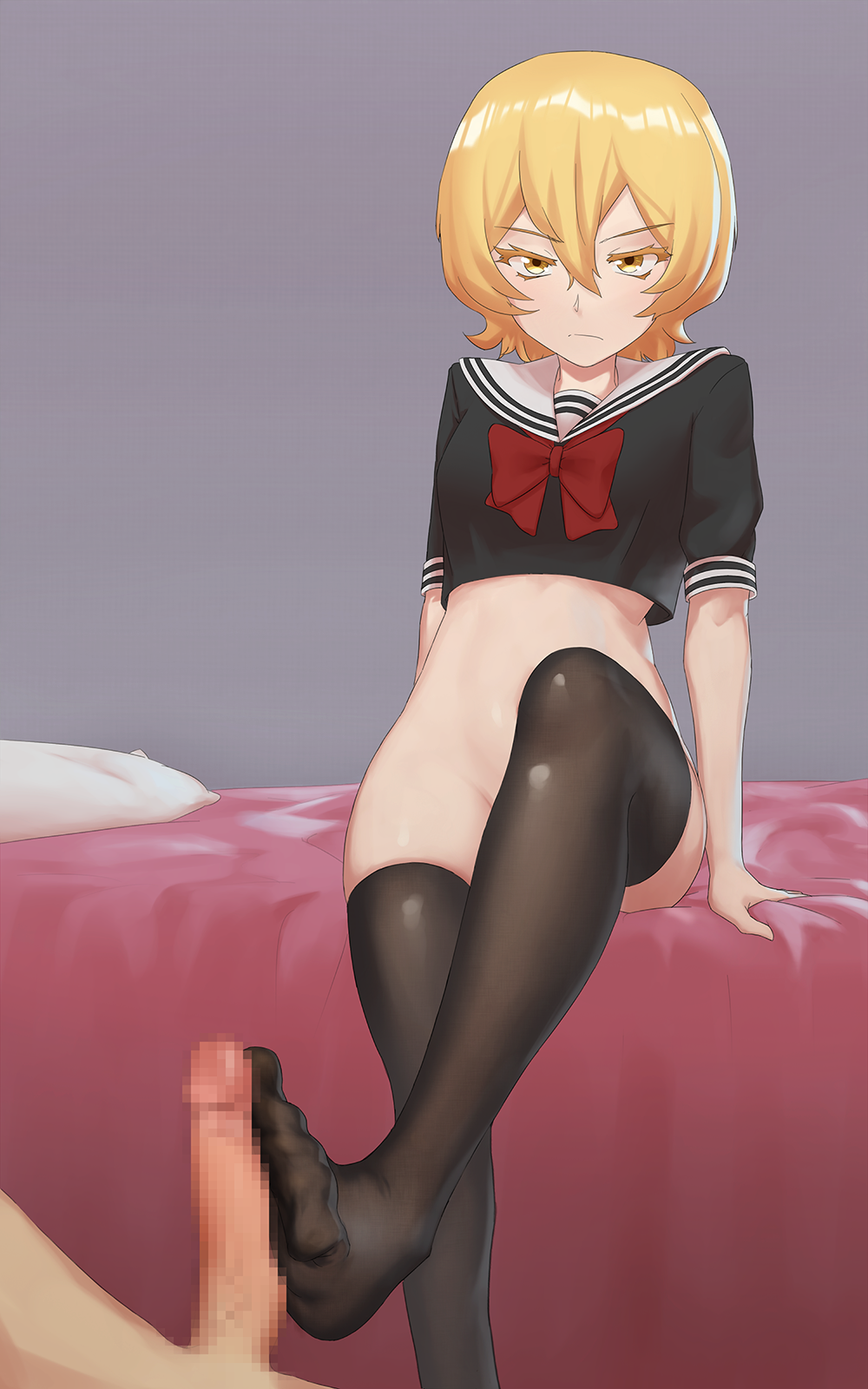 1boy 1girls angry bed black_legwear blonde_hair blush bottomless breasts feet female footjob footjob_with_legwear grey_background groin highres mahou_shoujo_site penis school_uniform short_hair simple_background small_breasts straight thighhighs viroa yatsumura_tsuyuno yellow_eyes