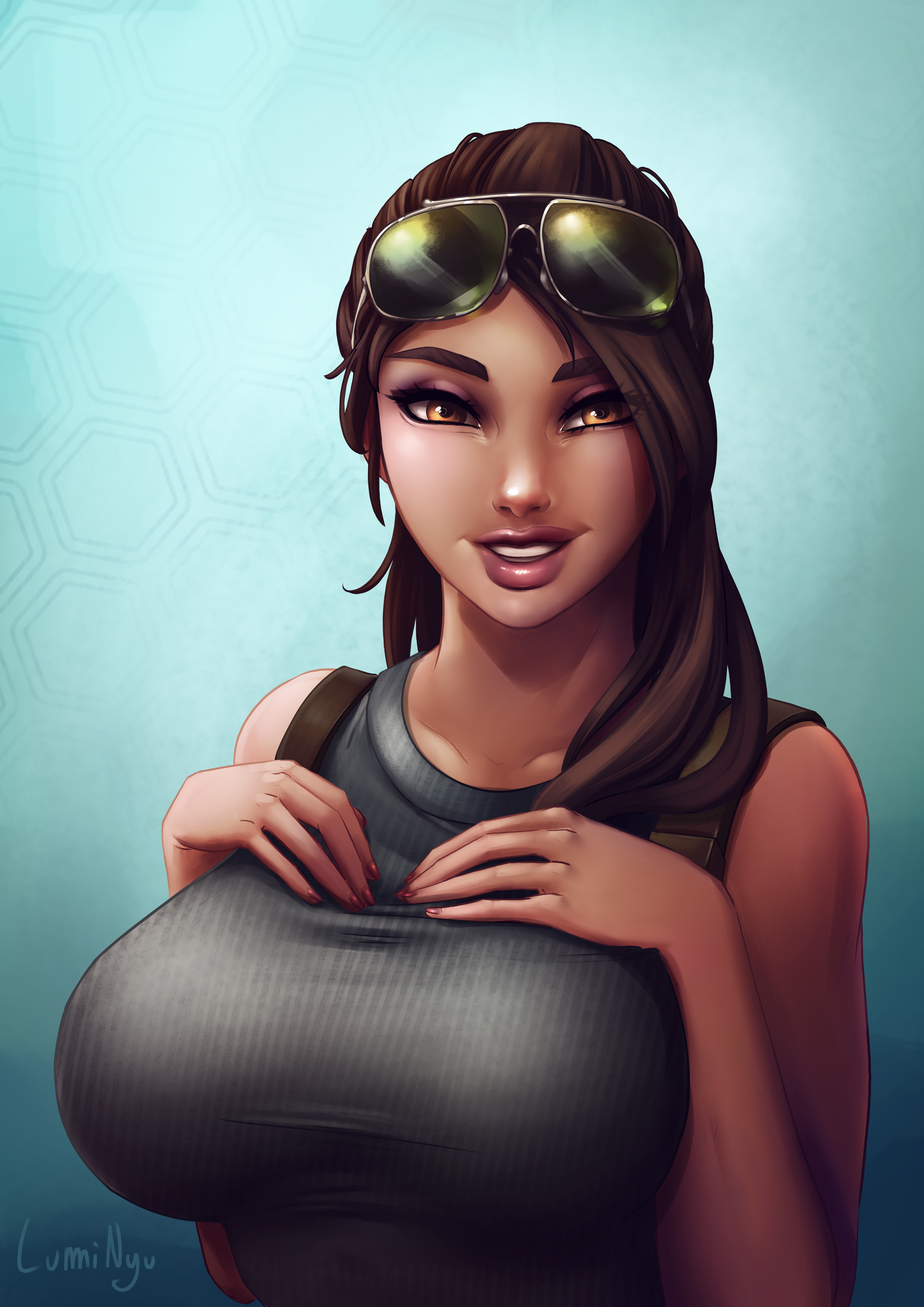 1girls, 2018, artist name, big breasts, breasts, brown eyes, brown hair, bust, busty, clothed, clothes, clothing, dark skin, dark-skinned female, eyelashes, eyes, eyeshadow, eyewear on head, female, female only, fortnite, glasses, hair, hand on breast, large breasts, long hair, luminyu, ponytail, ramirez (fortnite), ramirez (fortnite) (model), smile, solo, solo focus, sunglasses on head, tagme, tumblr