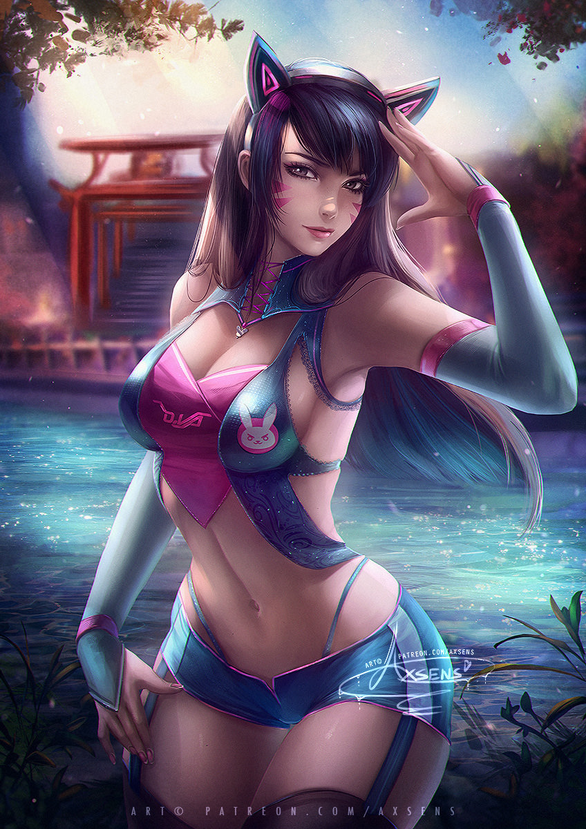 axsens, blizzard entertainment, breasts, cat ears, cleavage, cleavage cutout, d.va, fake animal ears, female, female only, front view, garter straps, long hair, looking at viewer, overwatch, patreon username, shorts, solo, thighhighs, whisker markings