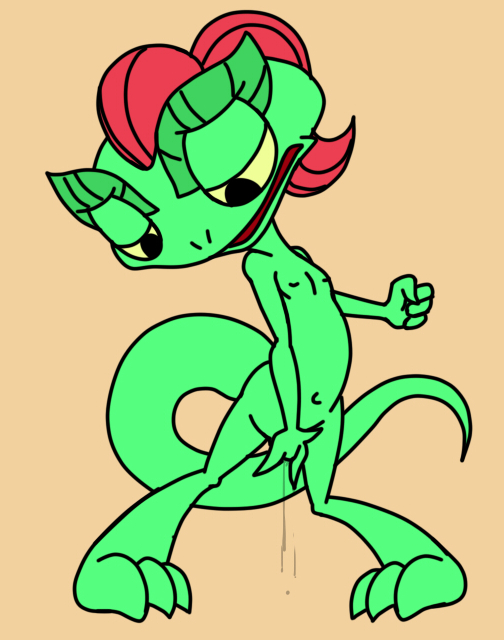 anthro chameleon dreamworks female hair lizard lizzie lizzie_green masturbation navel nipples nude open_mouth pussy_juice red_hair reptile scalie solo standing unknown_artist young