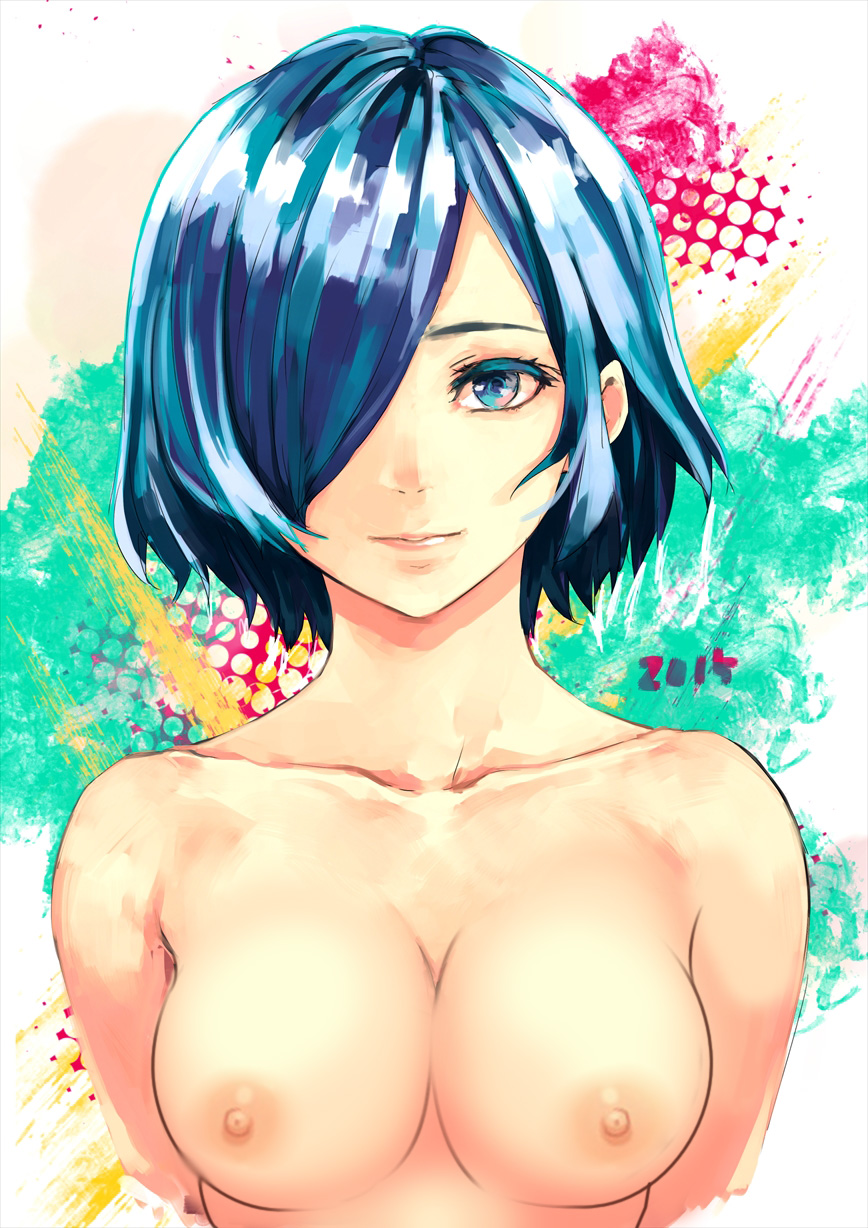 1girls, 2014, areolae, blue eyes, blue hair, breasts, edit, eyelashes, female, female only, hair over one eye, kirishima touka, nipples, short hair, sketch, smile, source request, text, tokyo ghoul, topless