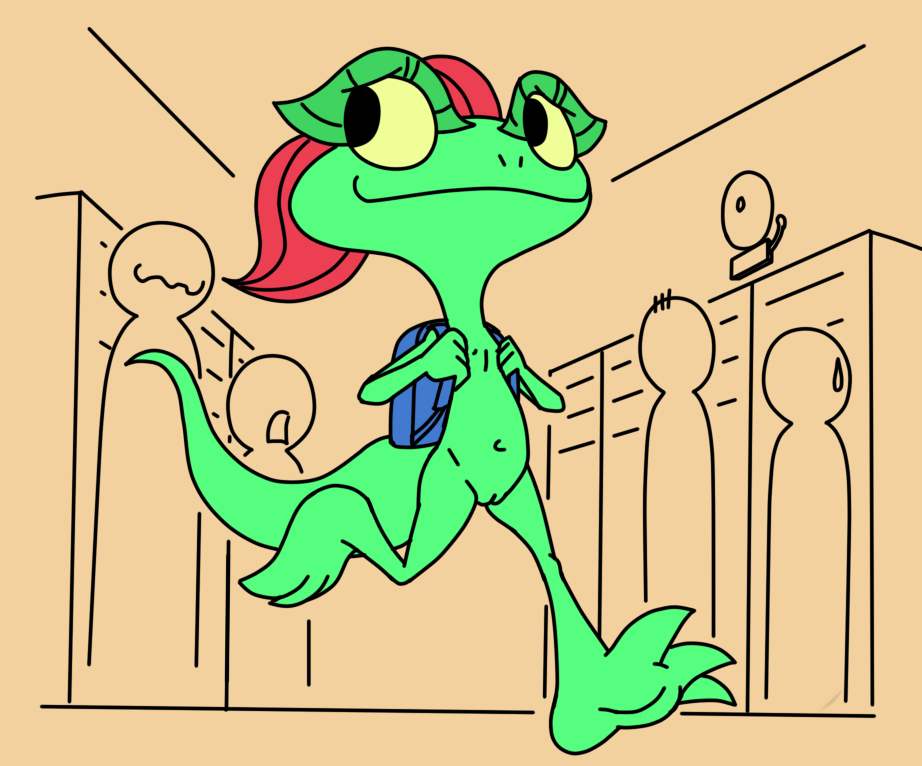 anthro backpack chameleon dreamworks female hair lizard lizzie lizzie_green nipples nude public_nudity pussy red_hair reptile scalie school unknown_artist young