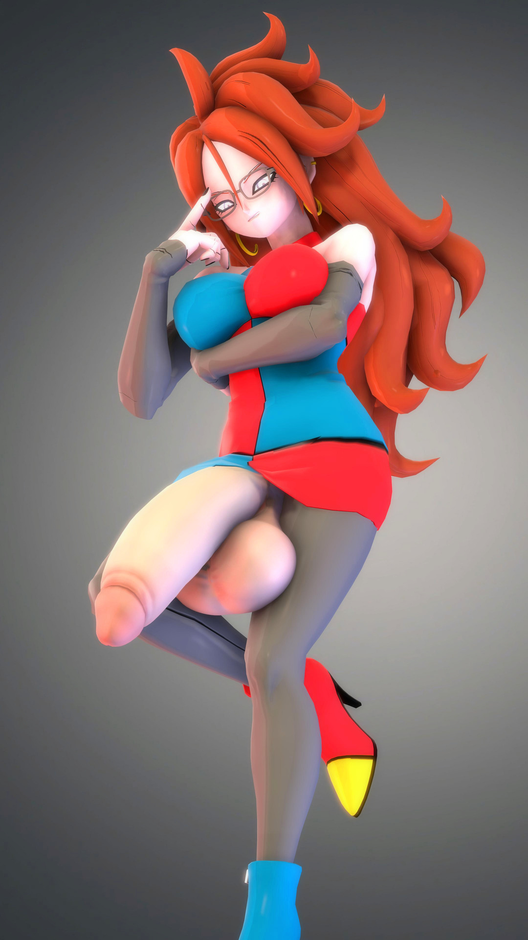 1futa, 2018, 3d, adjusting glasses, android 21, android 21 (human), arm sleeves, asymmetrical clothes, balls, balls under clothes, ballsack, beige penis, blue eyes, bottomless skirt, breasts, brown hair, circumcised, clothed, club shaped penis, crossed arms, dangling balls, dangling testicles, dragon ball, dragon ball fighterz, dress, earrings, foreskin, futa only, futanari, glasses, gray stockings, grey stockings, half-erect, hanging balls, hyper, hyper balls, hyper penis, intersex, large balls, large testicles, low hanging balls, penis, penis out, penis under clothes, penis under skirt, rattledbonezone, retracted foreskin, sagging balls, short dress, skirt, skirt lift, smile, solo, solo futa, testicles, thick penis, uncircumcised