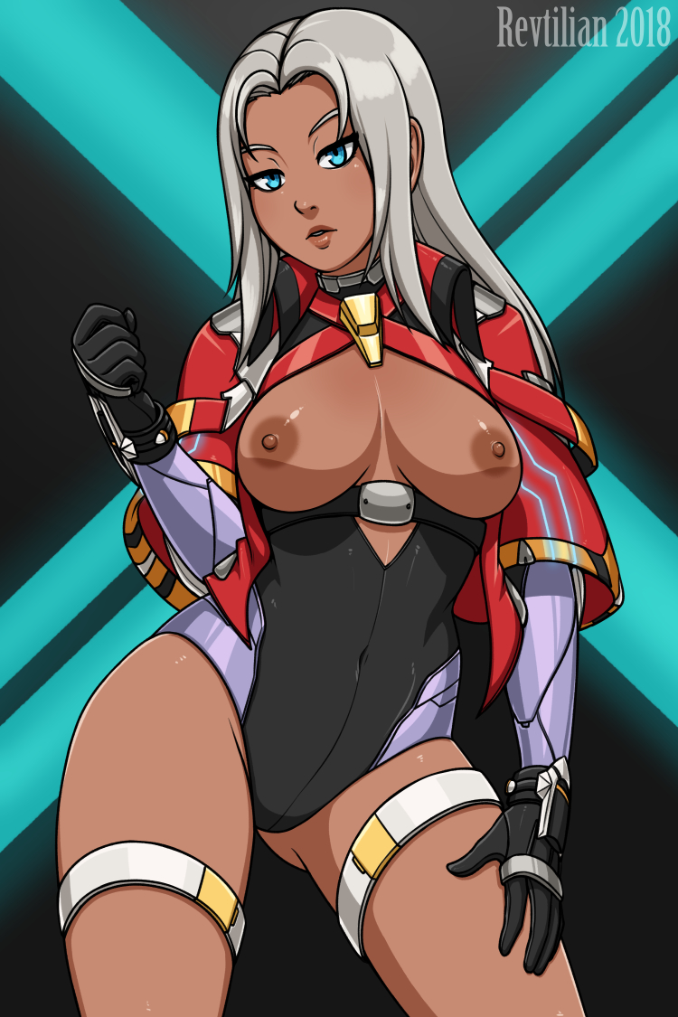 dark-skinned_female elma_(xenoblade_x) exposed_breasts female latex leotard nintendo revtilian solo tagme tan white_hair xenoblade_(series) xenoblade_chronicles_x