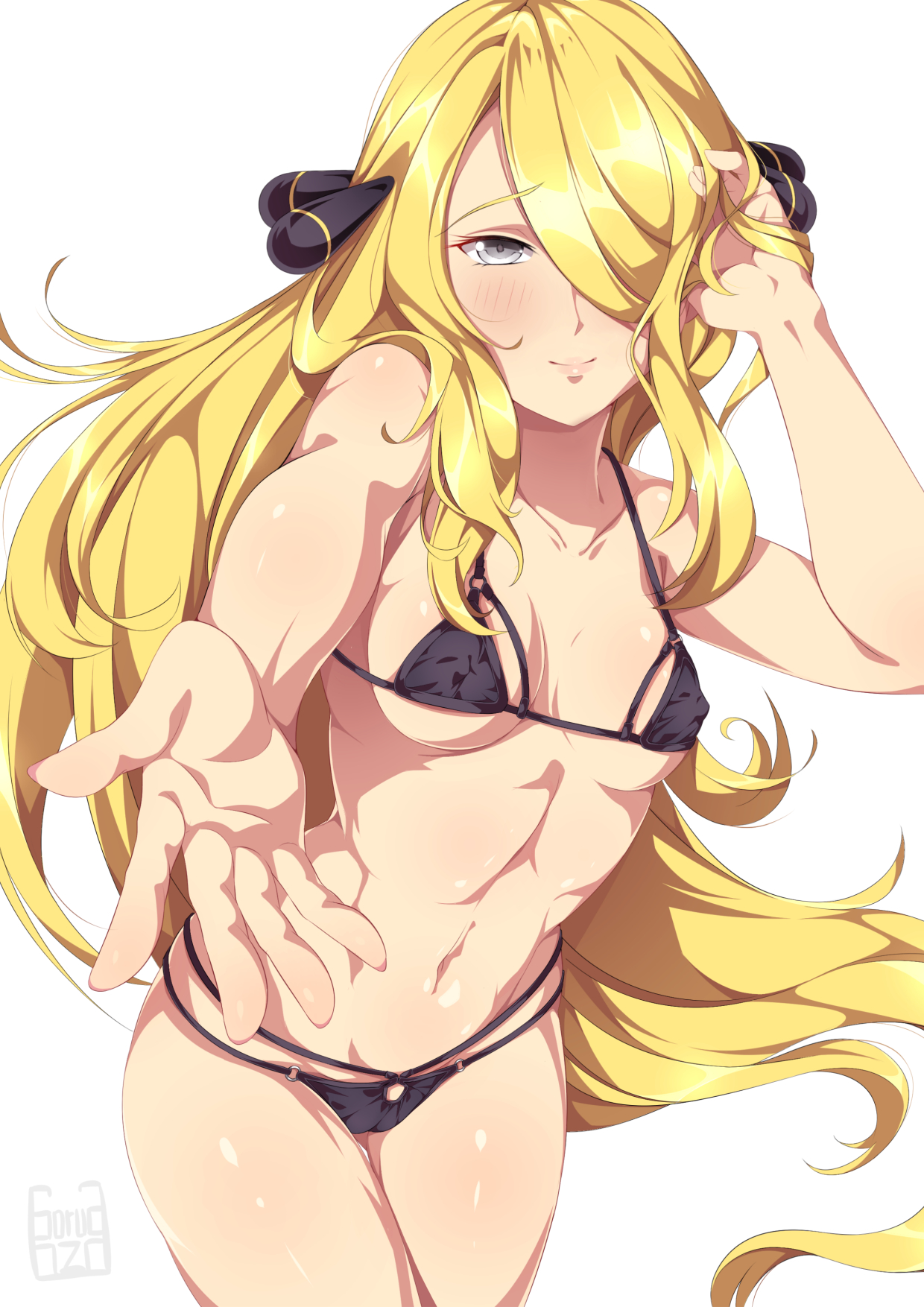 1girls, abs, adjusting hair, bare shoulders, belly, bikini, black bikini, blush, breasts, cameltoe, cynthia (pokemon), eyelashes, female, female only, gorudazo, grey eyes, hair ornament, hair over one eye, highres, human, long hair, looking at viewer, midriff, navel, pokemon, pokemon dppt, pussy, reaching out, small breasts, smile, solo, standing, text, underboob, watermark, white background