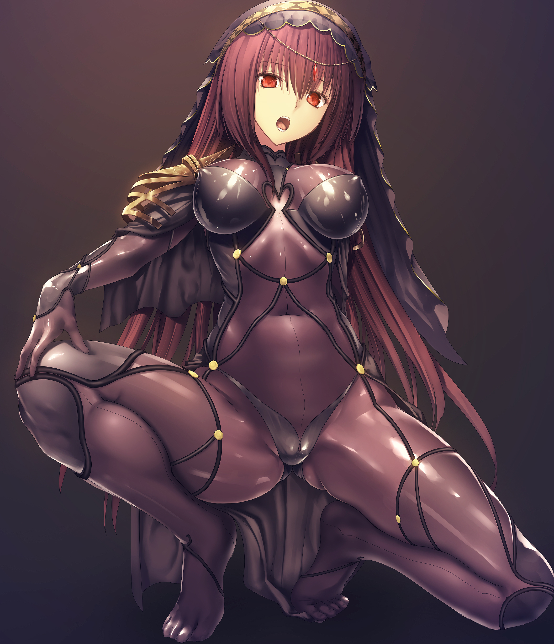 bodysuit, breasts, fate (series), fate/grand order, female, female only, looking at viewer, looking down, open mouth, purple hair, red eyes, scathach (fate), shiny, shiny clothes, skin tight, squatting, tagme, thighs, toes