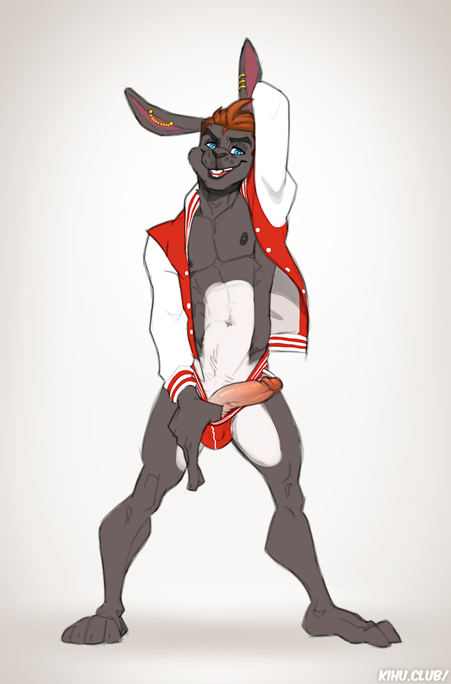 2018 4_toes abs anthro blue_hair brown_hair buckteeth clothed clothing ear_piercing erection hair humanoid_penis jockstrap kihu lagomorph letterman_jacket male male_only mammal multiple_piercings muscular muscular_male navel nipples open_shirt pecs penis piercing plantigrade rabbit simple_background solo spiritpaw teeth toes underwear white_background