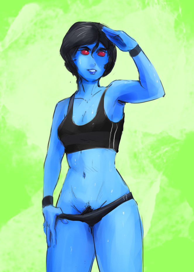 1girls belly black_hair blue_skin chiss clothed elshellin female original_character panty_pull pubic_hair red_eyes short_hair simple_background small_breasts smile solo sports_bra standing star_wars sweat thick_thighs tourbillon wristband