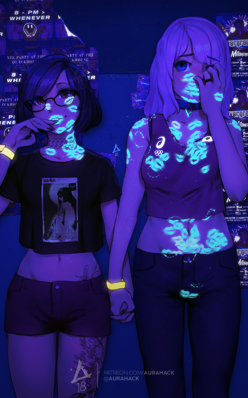 2girls aurahack bite_mark blacklight blue_eyes blue_hair blush bob_cut bracelet breasts choker clothed collar eyelashes eyeliner eyeshadow female female_only glasses glowing hand_holding hand_on_face height_difference holding_hands implied_sex interlocked_fingers jeans kiss_mark lipstick lipstick_mark lipstick_on_breast lipstick_on_cheek lipstick_on_pussy lipstick_on_stomach long_hair lots_of_lipstick_marks makeup medium_breasts medium_hair midriff nail_polish red_eyes short_hair short_shorts shorts small_breasts t-shirt tank_top tattoo ultraviolet_light white_hair yuri