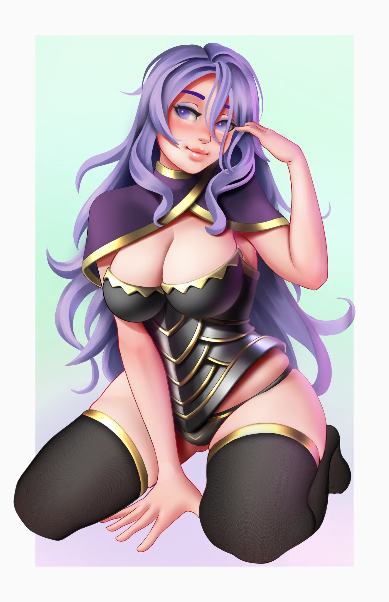 1girls alternate_hairstyle black_panties breasts camilla_(fire_emblem) cleavage female female_only fire_emblem fire_emblem_fates jackary_draws kneeling large_breasts nintendo panties purple_eyes purple_hair smile solo underwear very_long_hair