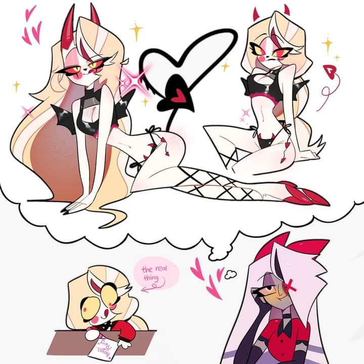 bedroom_eyes blush charlie_morningstar_(hazbin_hotel) female female_only funny hadysdye hazbin_hotel horns humor imagination imagining seductive silly tail_heart unknown_artist vaggie_(hazbin_hotel) vivienne_medrano vivziepop wholesome_instant_loss yellow_blush yuri