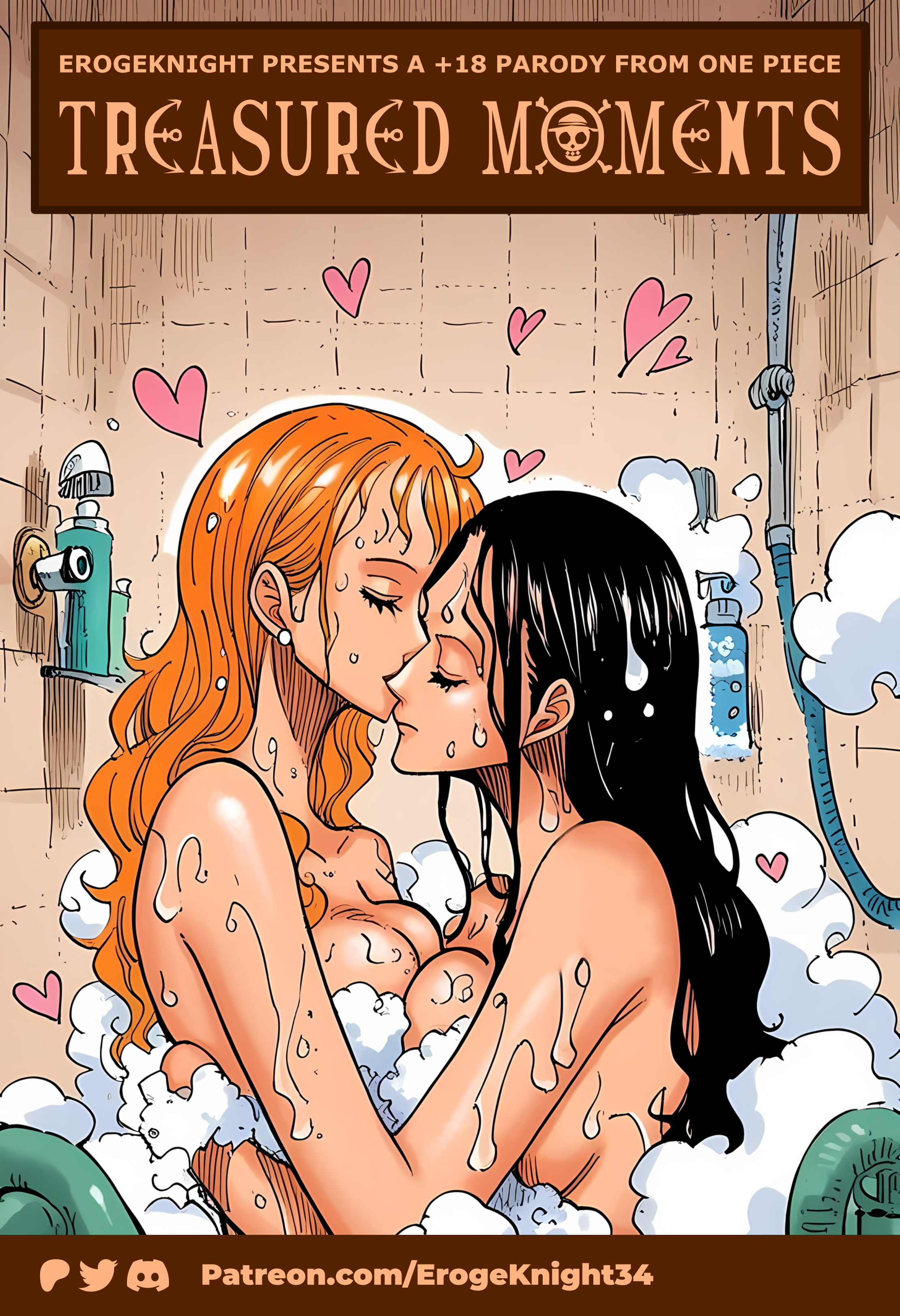 2d, 2girls, ai generated, bathing together, black hair, black-haired female, breasts, closed eyes, comic cover, convenient censoring, erogeknight, female, female only, heart, hugging, indoors, large breasts, lesbian kiss, manga style, naked, naked female, nami (one piece), nico robin, one piece, orange hair, orange-haired female, post-timeskip, showering together, water, yuri