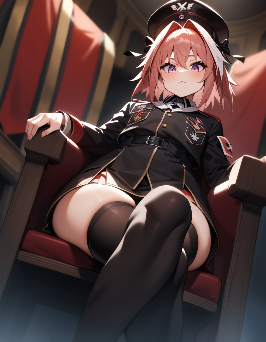 1boy ai_generated astolfo_(fate) crossing_legs fate_(series) femboy from_below general looking_at_viewer looking_down male male_only military military_uniform naughty_face nazi sitting sitting_on_chair skindentation tetillas tetillas_(artist) trap