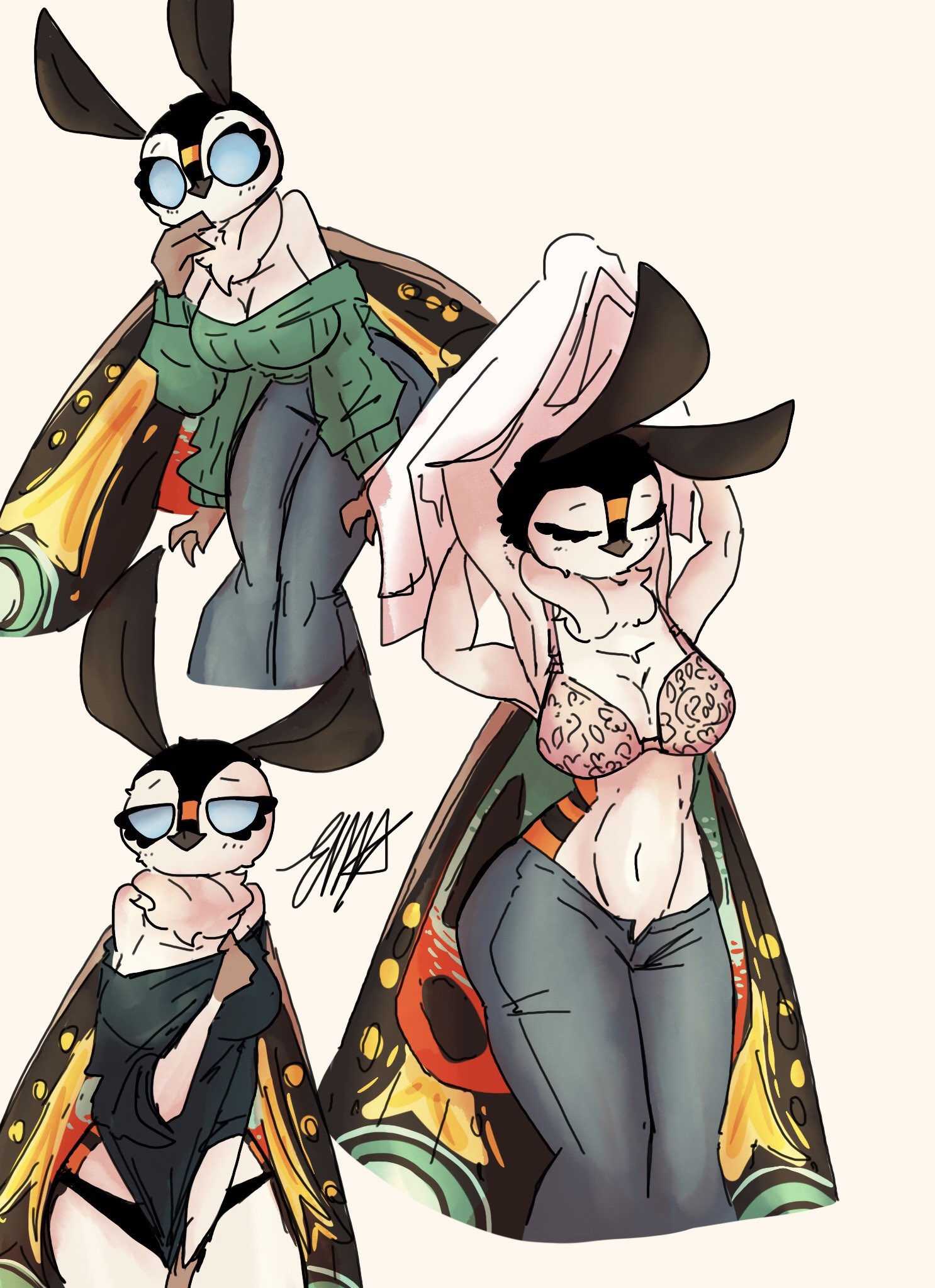 4 arms, arthropod, blue eyes, bra, female, moth, moth girl, mothra, mothra (series), multi arm, multi limb, star-the-skeleton, taking clothes off