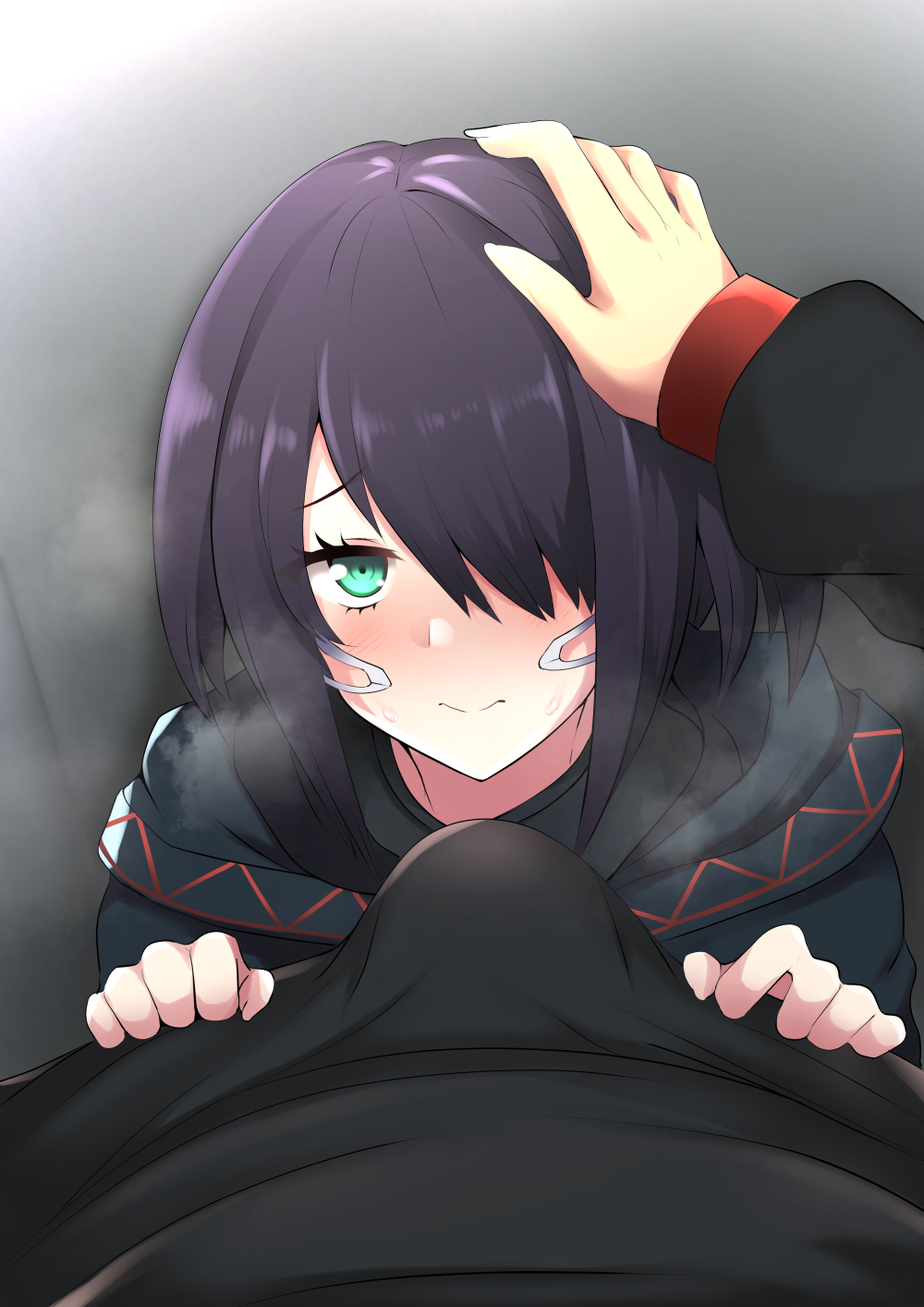 1boy 1girls artist_name artist_request bulge female green_eyes hair_between_eyes hair_covering_eye hair_over_one_eye hand_on_head heavy_breathing human male male/female male_pov penis_under_clothes pov purple_hair scarlet_nexus short_hair tsugumi_nazar