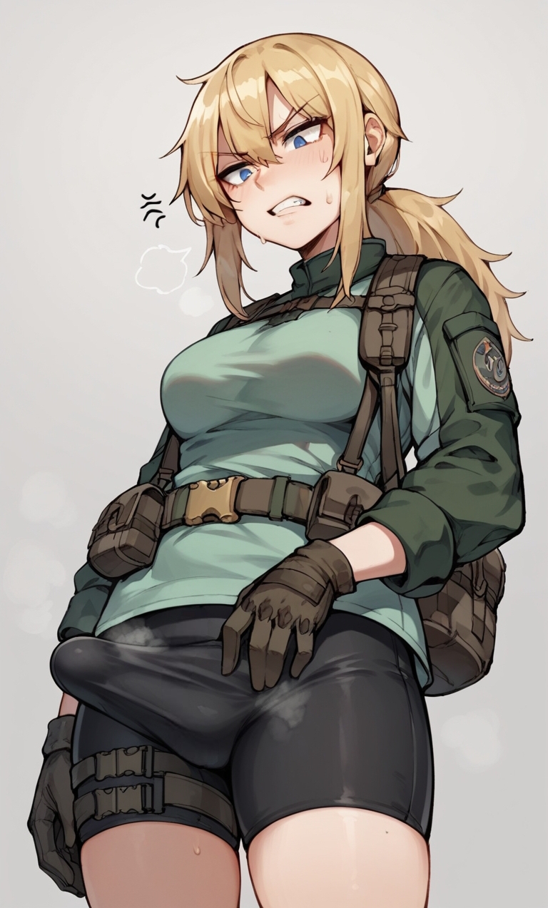 1futa ai_generated annoyed bike_shorts blonde_hair blue_eyes bulge bulge_through_clothing erection erection_under_clothes erection_under_shorts futa_only futanari gloves heavy_breathing looking_down military military_clothing musk_clouds ponytail shorts solo solo_focus solo_futa sweat tactical_gear teeth vesna_(dutchko)