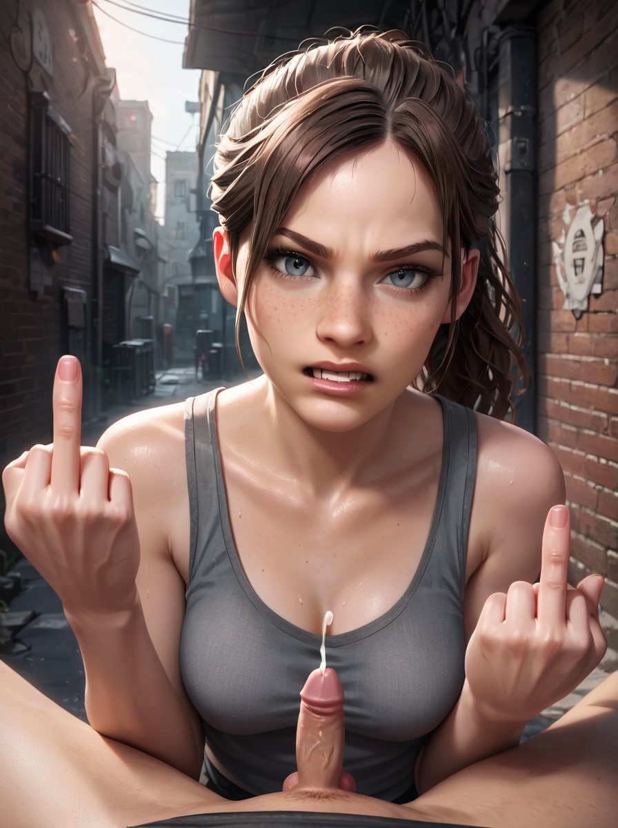 1boy, 1girls, ai generated, balls, claire redfield, clothed female nude male, cum, exposed penis, female, little penis, looking at viewer, makychan, male, middle finger, partial male, penis, resident evil, small penis, small penis humiliation, testicles