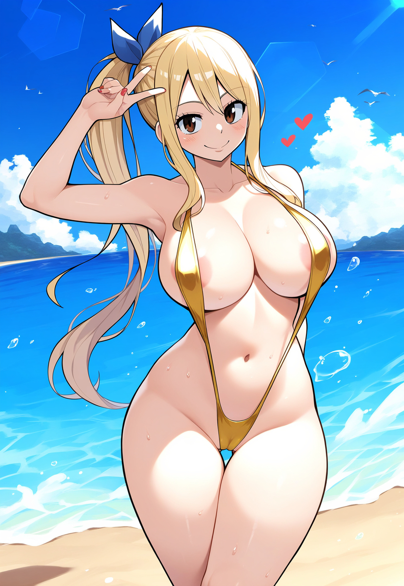 1girls ai_generated areola_slip bare_arms bare_legs bare_shoulders bare_thighs big_breasts blonde_hair brown_hair color fairy_tail female female_focus female_only hi_res lady_ai large_breasts light-skinned_female light_skin long_hair looking_at_viewer lucy_heartfilia one-piece_swimsuit sling_bikini solo solo_female swimsuit tagme thick_thighs