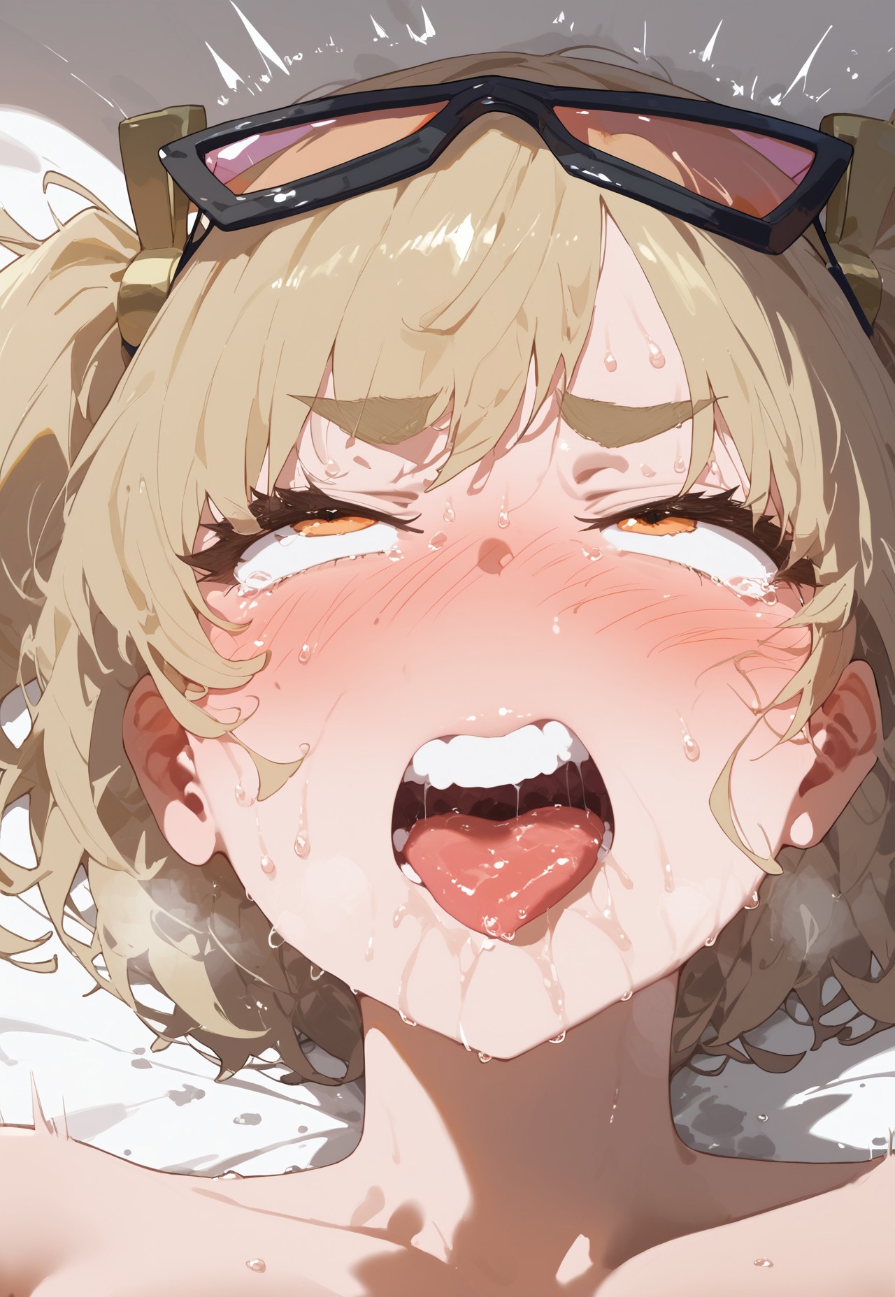ahe gao, ai generated, blonde hair, burnice white, drooling, enjisd, face focus, female, glasses, nude, nude female, open mouth, orgasm, sweat, sweating, twintails, zenless zone zero