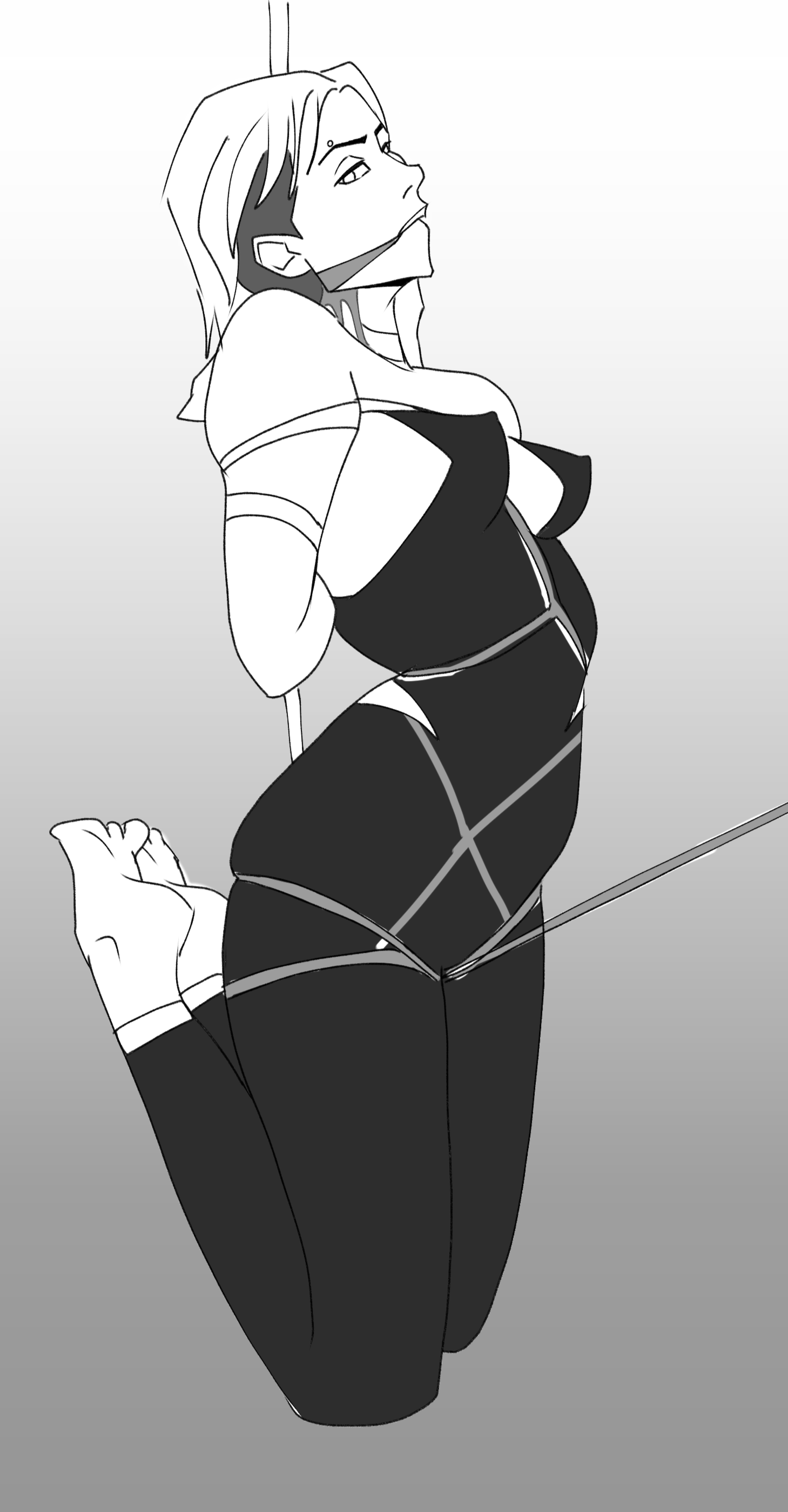 1girls, bondage, ddoggins, eyebrow piercing, female, female only, gwen stacy, gwen stacy (spider-verse), marvel, marvel comics, monochrome, rope bondage, solo, spider-gwen, spider-man (series), spider-man: into the spider-verse, submissive female, tied up