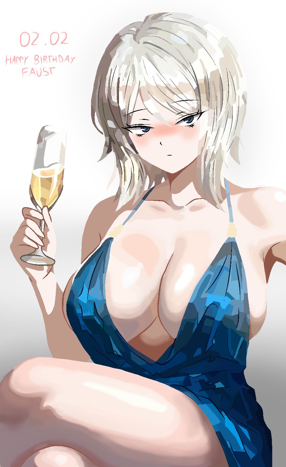 1girls, armpits, big breasts, birthday, blue eyes, breasts, drink, drinking, drinking glass, faust (limbus company), female, female focus, female only, limbus company, paul camadonnas, project moon, sole female, solo, solo female, solo focus, suggestive, tagme, thick thighs, thighs, white hair