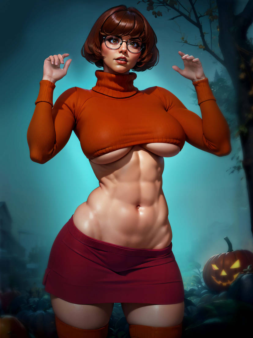 ai_generated big_breasts breasts glasses nerdy_female scooby-doo skirt sweater thick_thighs underboob velma_dinkley zargos