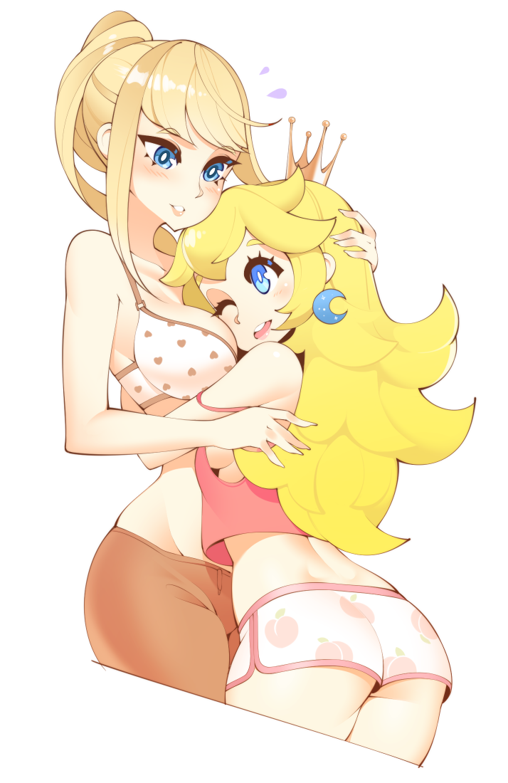 2girls ass between_breasts blonde_hair blue_eyes blush boyshort_panties bra breasts commentary commission crown dolphin_shorts english_commentary face_to_breasts halphelt head_on_chest heart heart_print hug long_hair mario_(series) metroid micro_shorts mole multiple_girls navel nintendo one_eye_closed panties peach_print ponytail princess_peach samus_aran shorts sideboob simple_background smile super_smash_bros. underwear white_background yuri