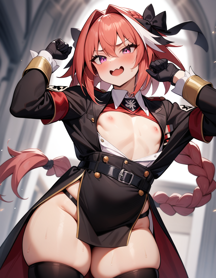 1boy ai_generated astolfo_(fate) cat_pose cute fate_(series) femboy flashing_breasts looking_at_viewer male male_only military military_uniform nazi nipples pov seductive seductive_look seductive_smile solo stable_diffusion tetillas tetillas_(artist)