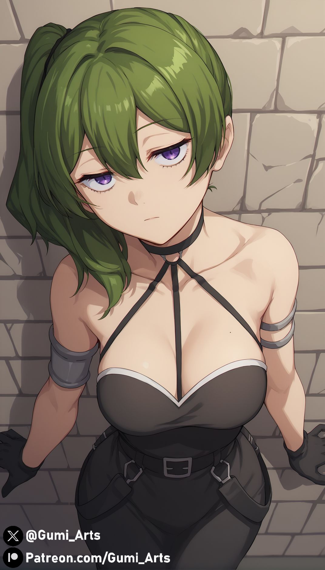 against wall, ai generated, breasts, dress, female, green hair, gumi arts, head tilt, looking at viewer, medium breasts, outdoors, pov, purple eyes, side ponytail, sousou no frieren, stable diffusion, ubel (sousou no frieren), wide hips