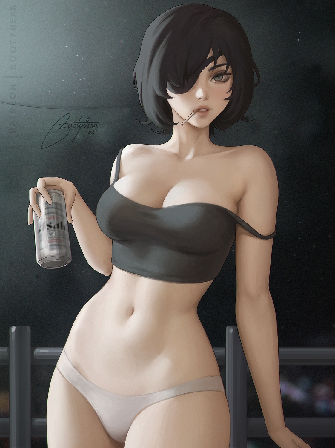 1girls, beer, big breasts, bootybear, breasts, chainsaw man, cigarette, cleavage, female, female only, himeno (chainsaw man), navel, panties, shirt pull, smoking, thick thighs