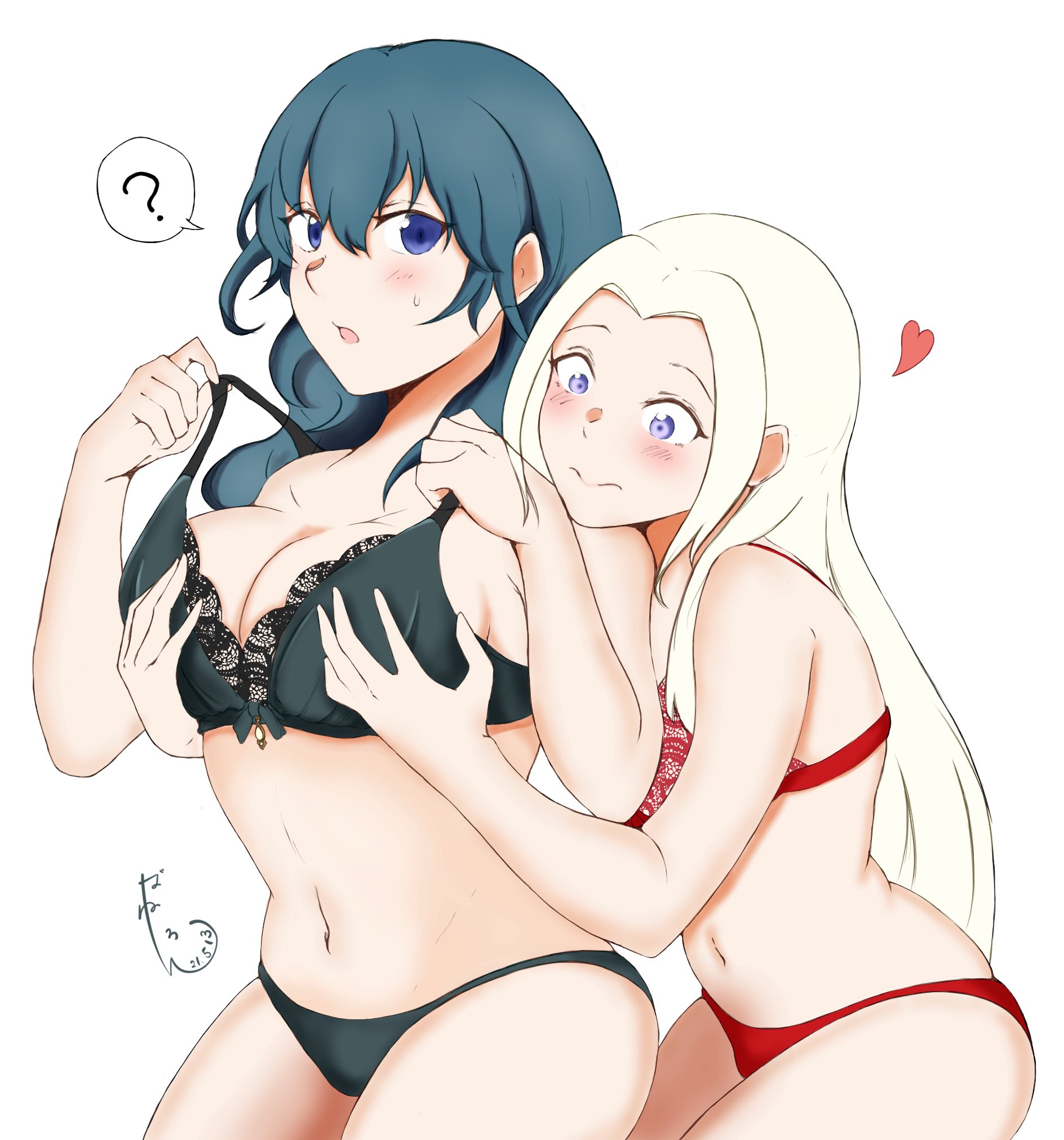 ?, 2girls, banelon, black panties, blue eyes, breast grab, breasts, byleth (fire emblem), byleth (fire emblem) (female), cleavage, double breast grab, edelgard von hresvelg, female, female only, fire emblem, fire emblem: three houses, groping, large breasts, nintendo, panties, purple eyes, red panties, teal hair, underwear, white hair, yuri
